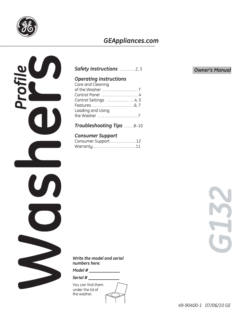 Page n°1 - Manuel utilisateur GE PTWN6250MWT