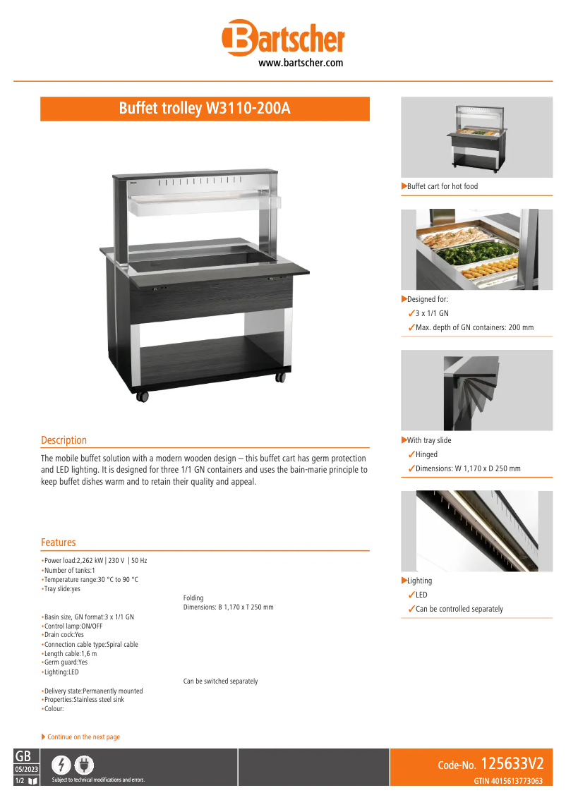 Page 1 de la notice Fiche technique Bartscher W3110-200A