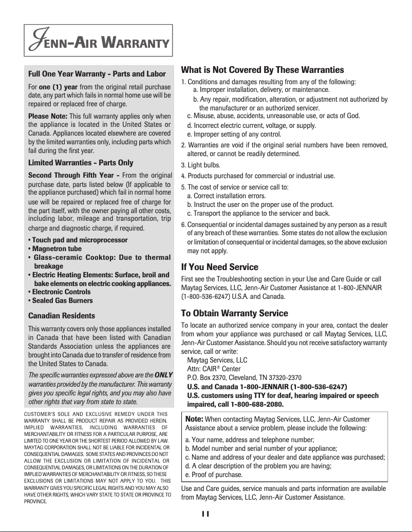 Page n°1 - Informations de garantie JennAir JGA8200ADX