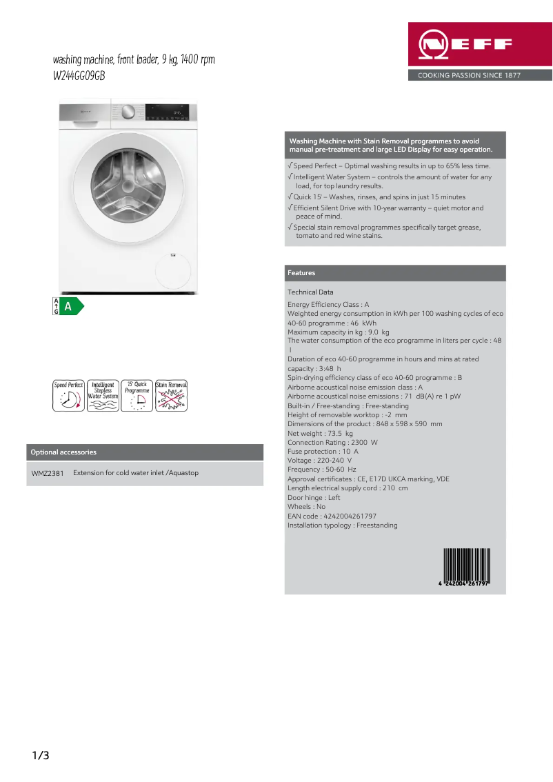 Page n°1 - Fiche technique Neff W244GG09GB