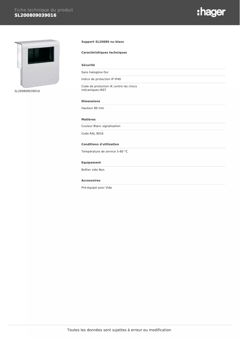Page n°1 - Fiche technique Hager SL200809039016