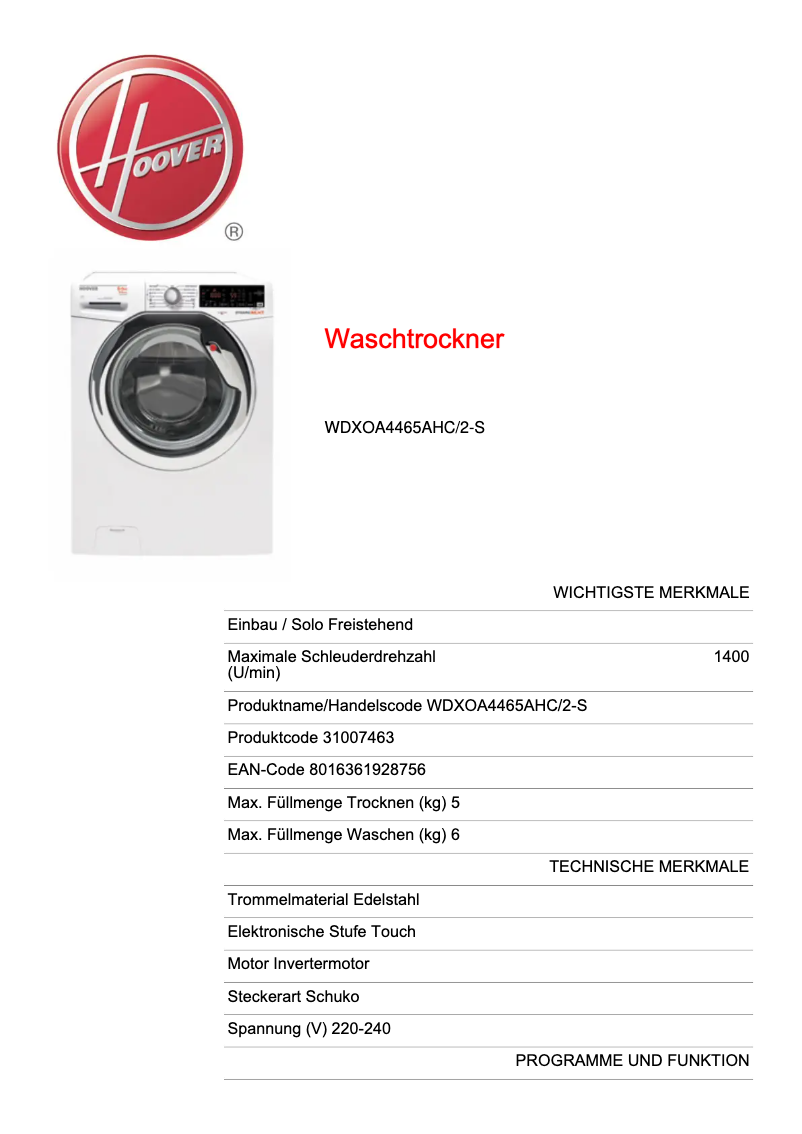 Page n°1 - Fiche technique Hoover DYNAMIC NEXT WDXOA4465AHC/2-S