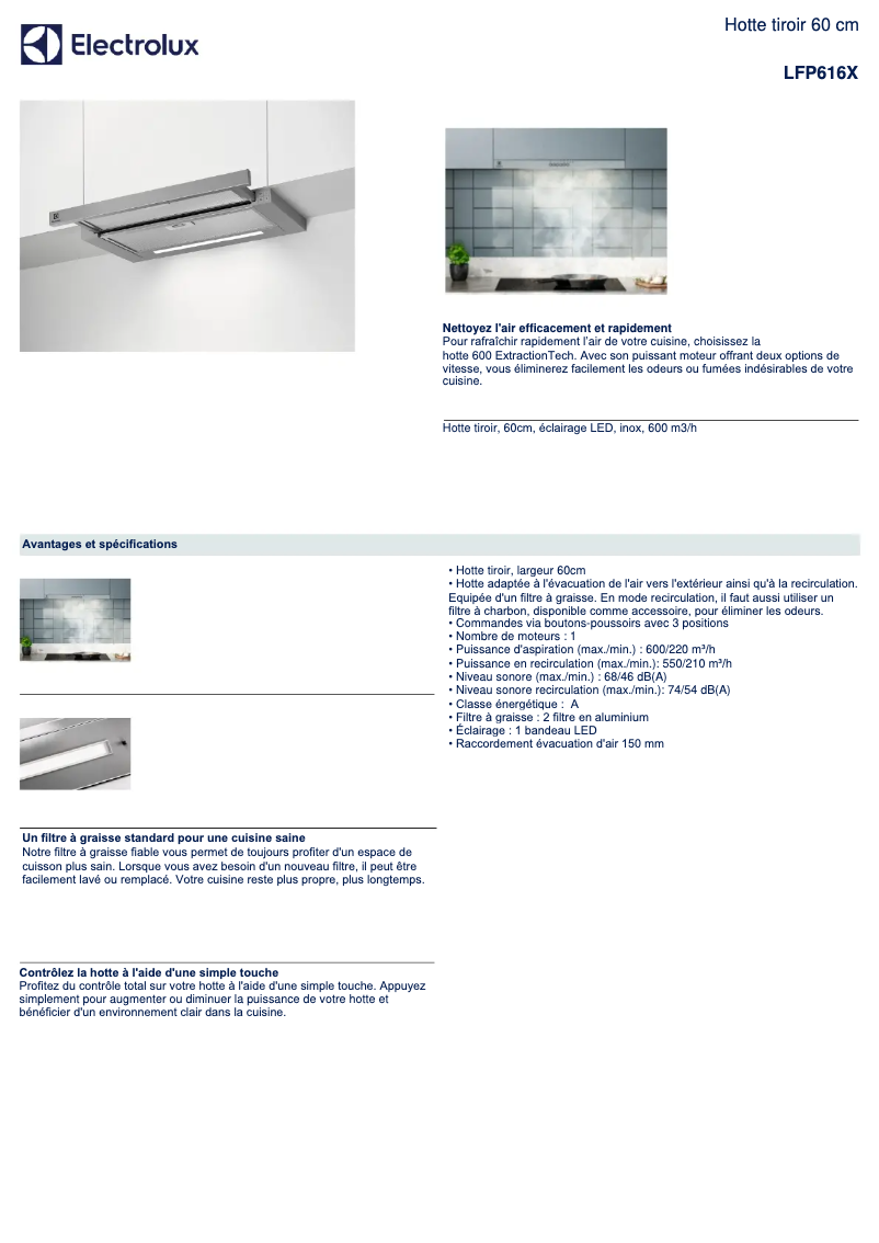 Page 1 de la notice Fiche technique Electrolux LFP616X