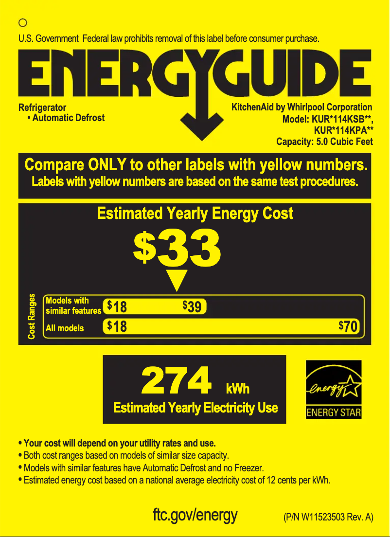 Page 1 de la notice Label énergétique KitchenAid KURL114KSB