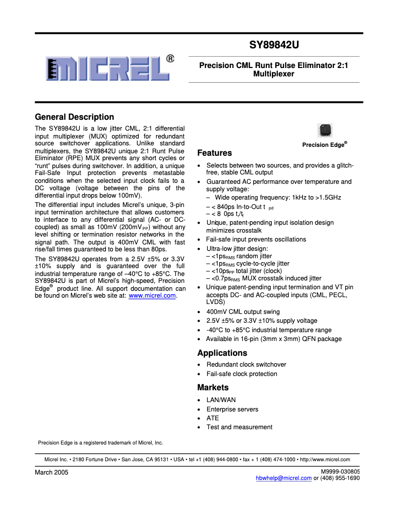 Page 1 de la notice Manuel utilisateur Microchip SY89842U