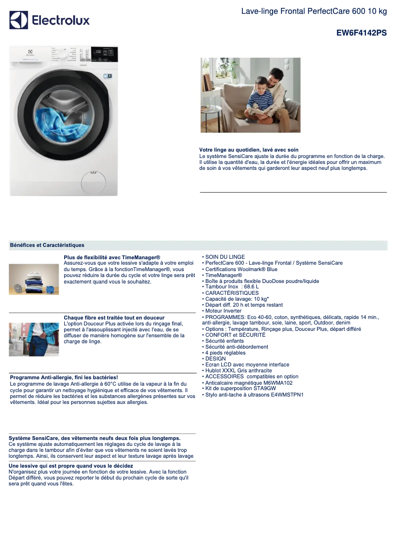 Page 1 de la notice Fiche technique Electrolux EW6F4142PS