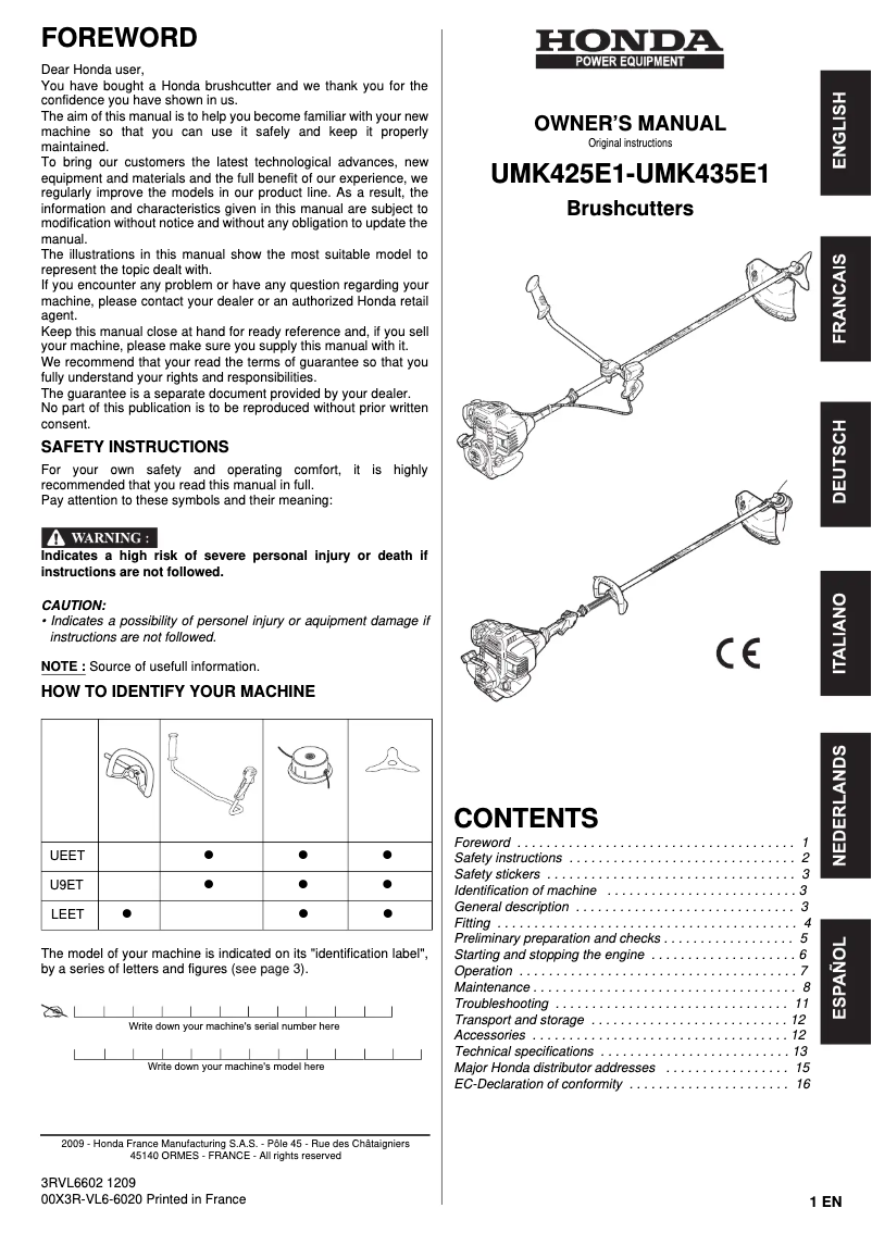 Page 1 de la notice Manuel utilisateur Honda UMK 435 UE