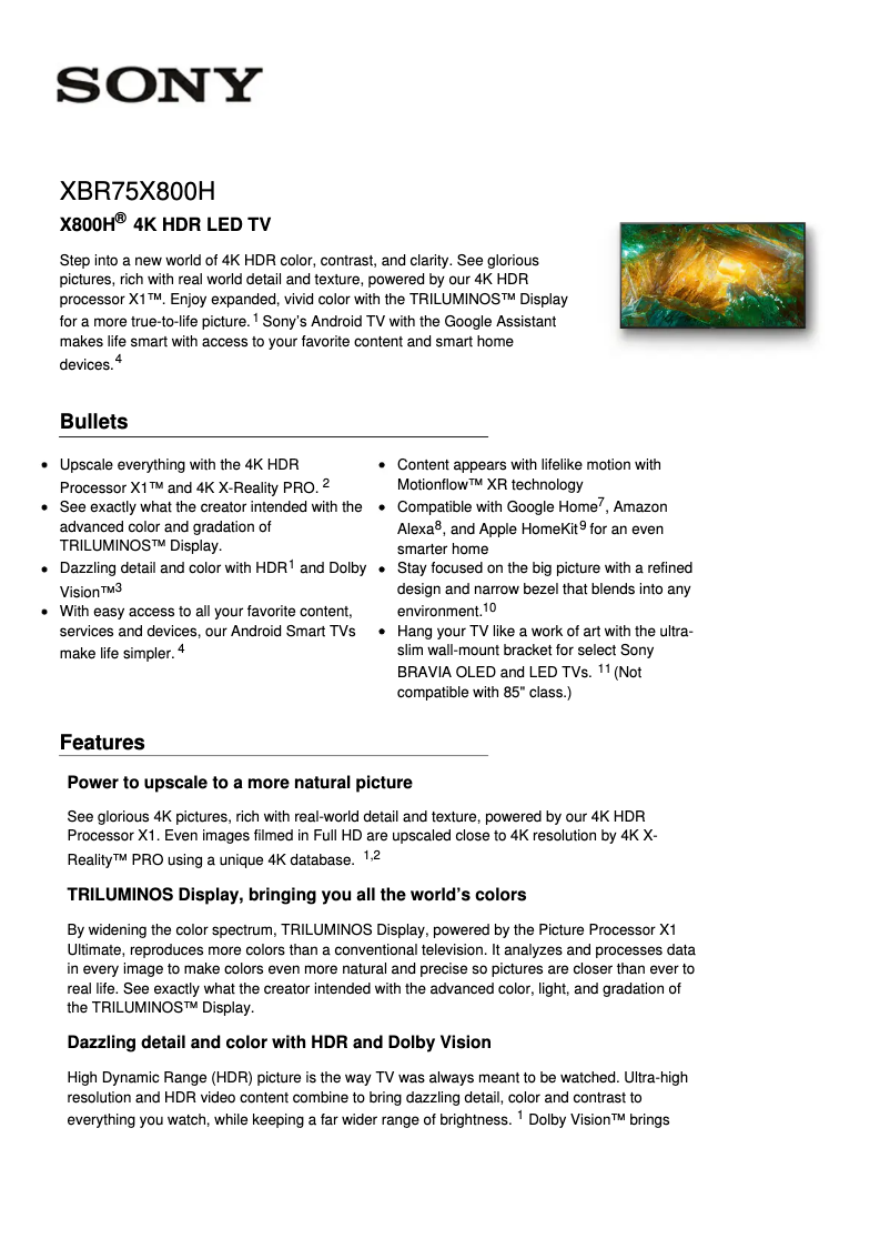Page 1 de la notice Fiche technique Sony XBR75X800H