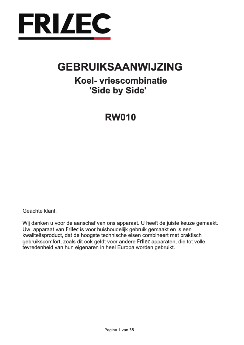 Page 1 de la notice Manuel utilisateur Frilec RW010