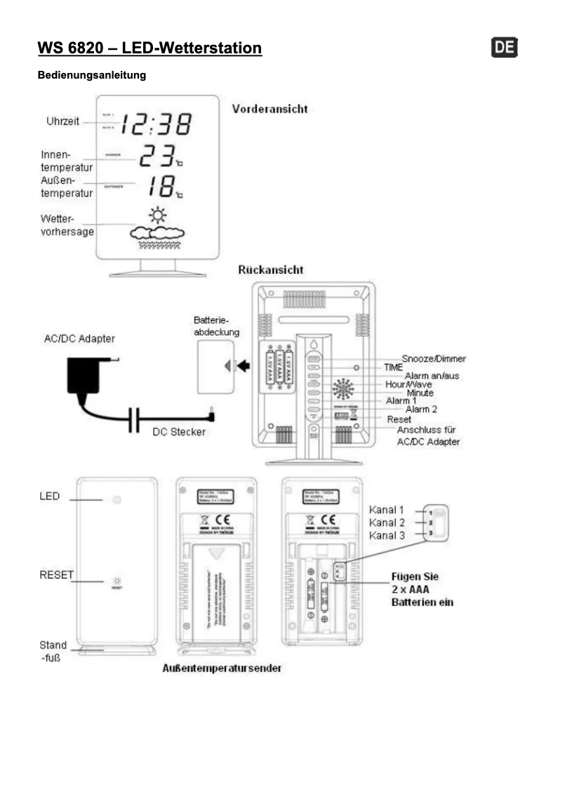 Page 1 de la notice Manuel utilisateur Techno Line WS 6820