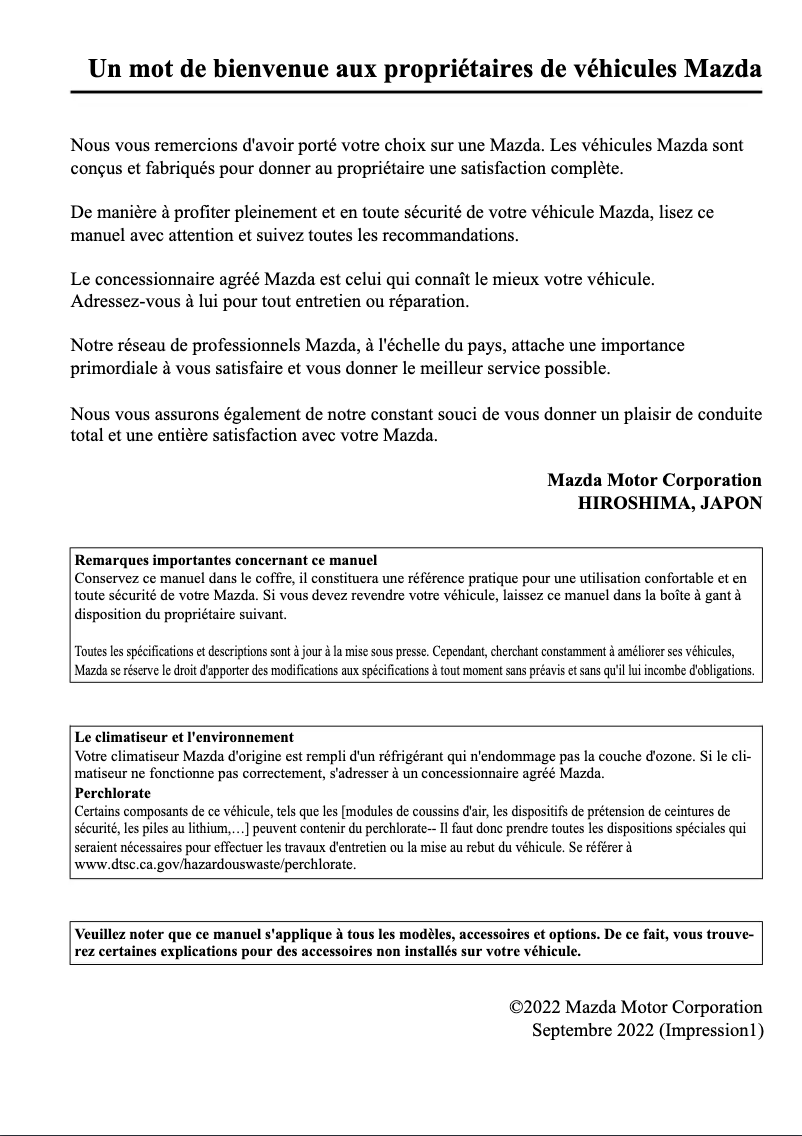 Page 1 de la notice Manuel utilisateur Mazda MX-5 (2023)