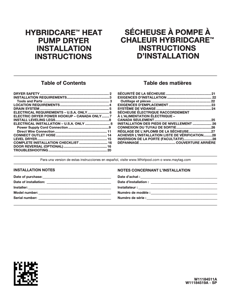 Page 1 de la notice Guide d'installation Whirlpool WHD560CHW