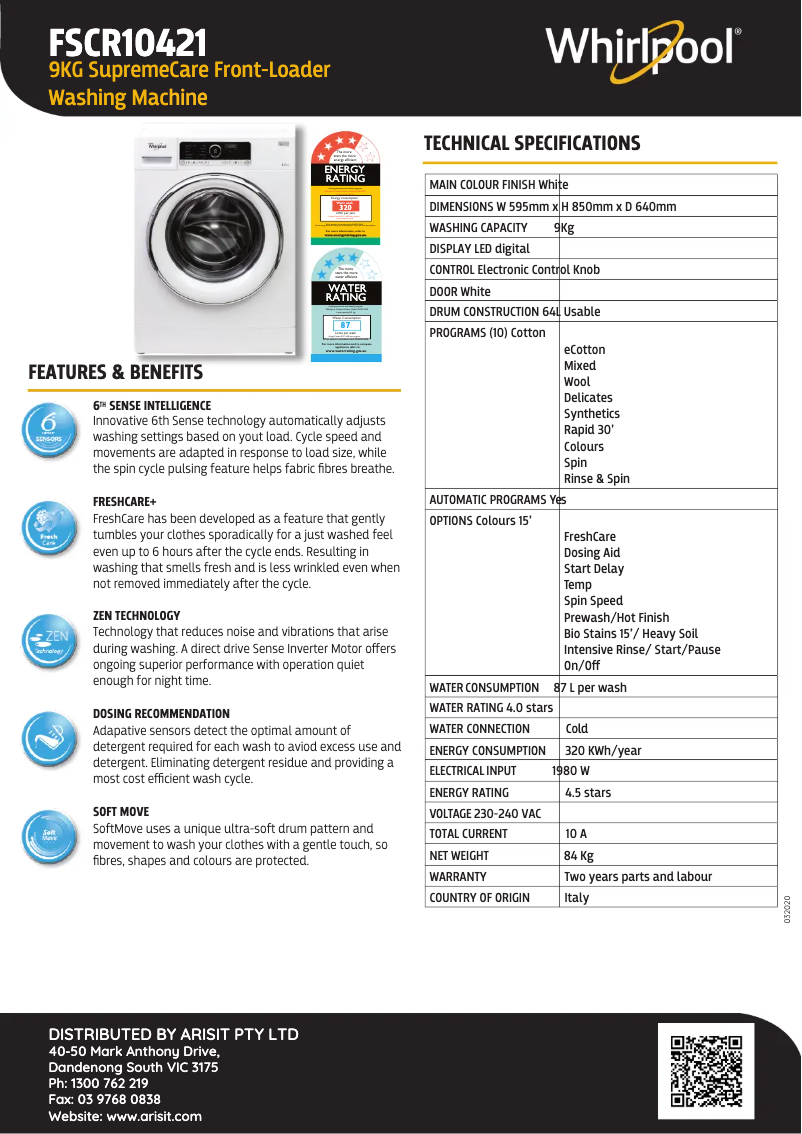 Page 1 de la notice Fiche technique Whirlpool FSCR10421