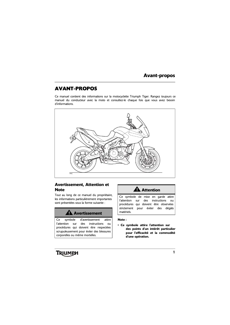 Page 1 de la notice Manuel utilisateur Triumph Tiger 1050 (2010)
