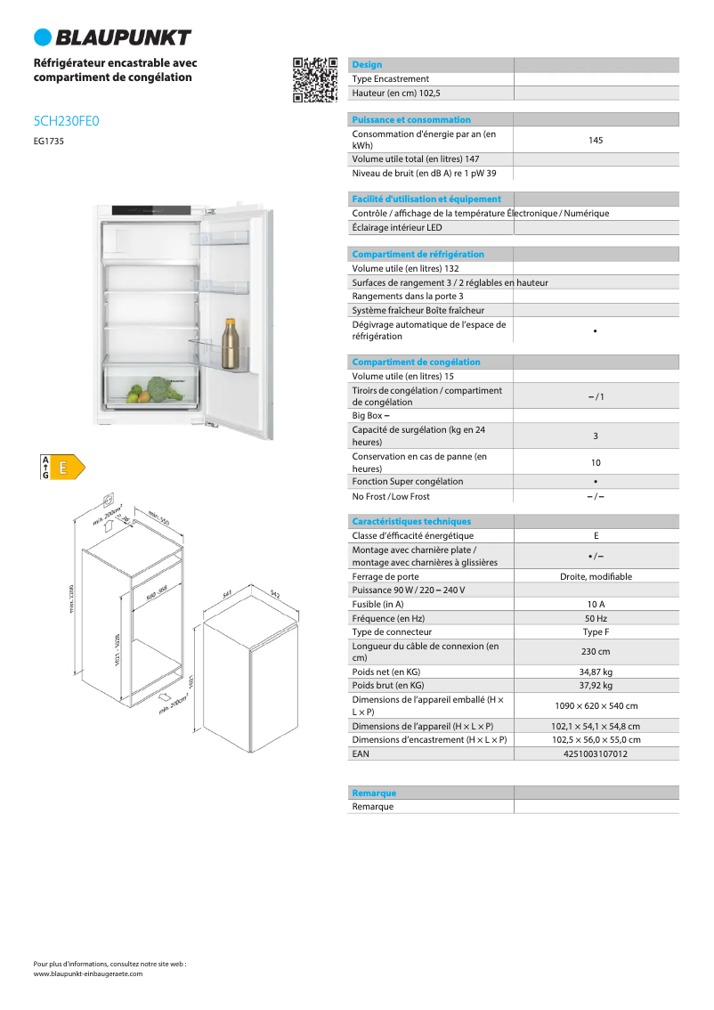 Page 1 de la notice Fiche technique Blaupunkt 5CH230FE0
