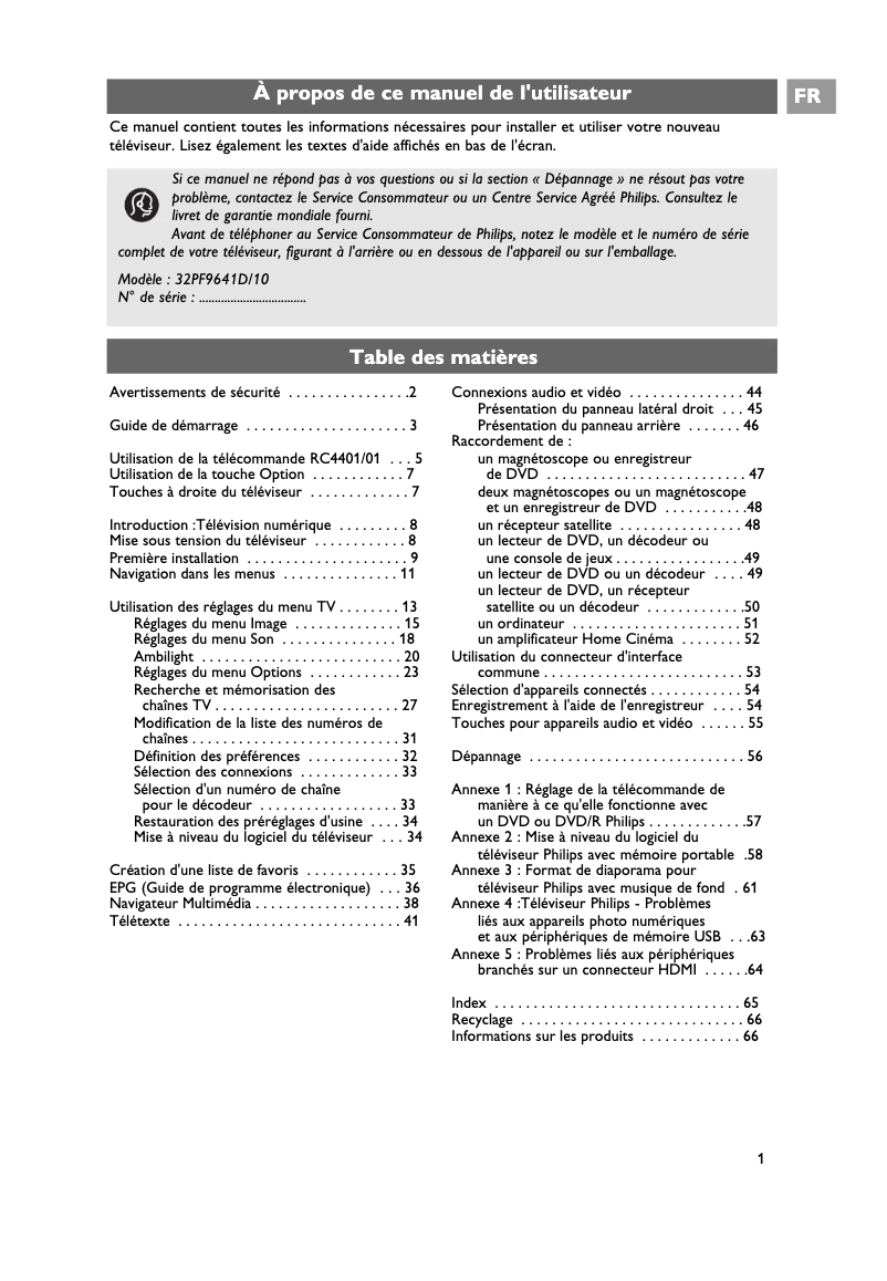 Page 1 de la notice Manuel utilisateur Philips Cineos 32PF9641D