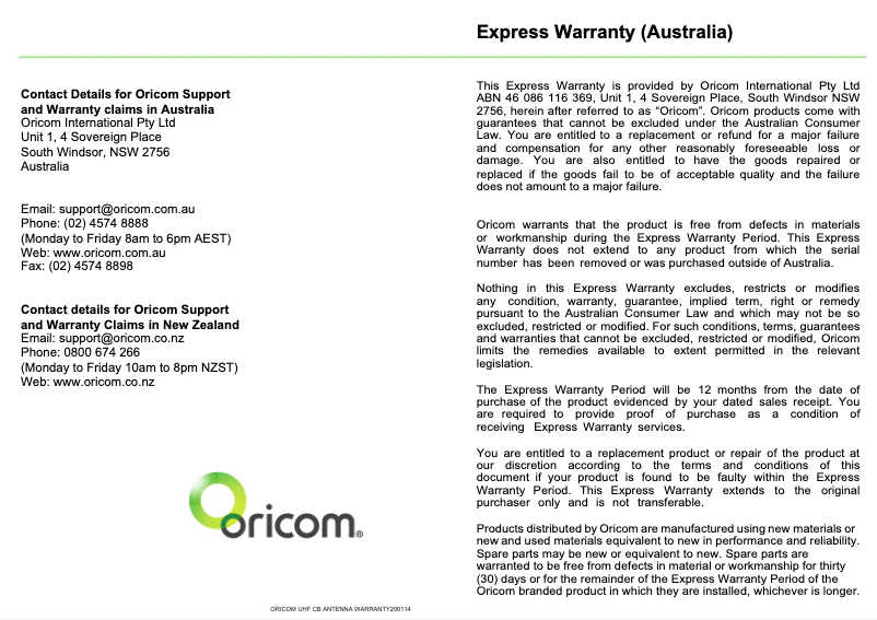 Page n°1 - Manuel utilisateur Oricom MDW24V