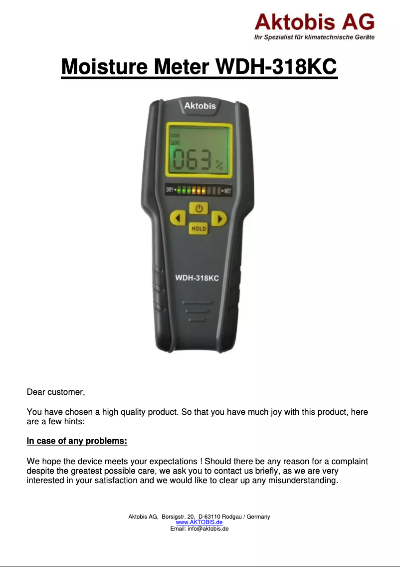 Page 1 de la notice Manuel utilisateur Aktobis WDH-318KC