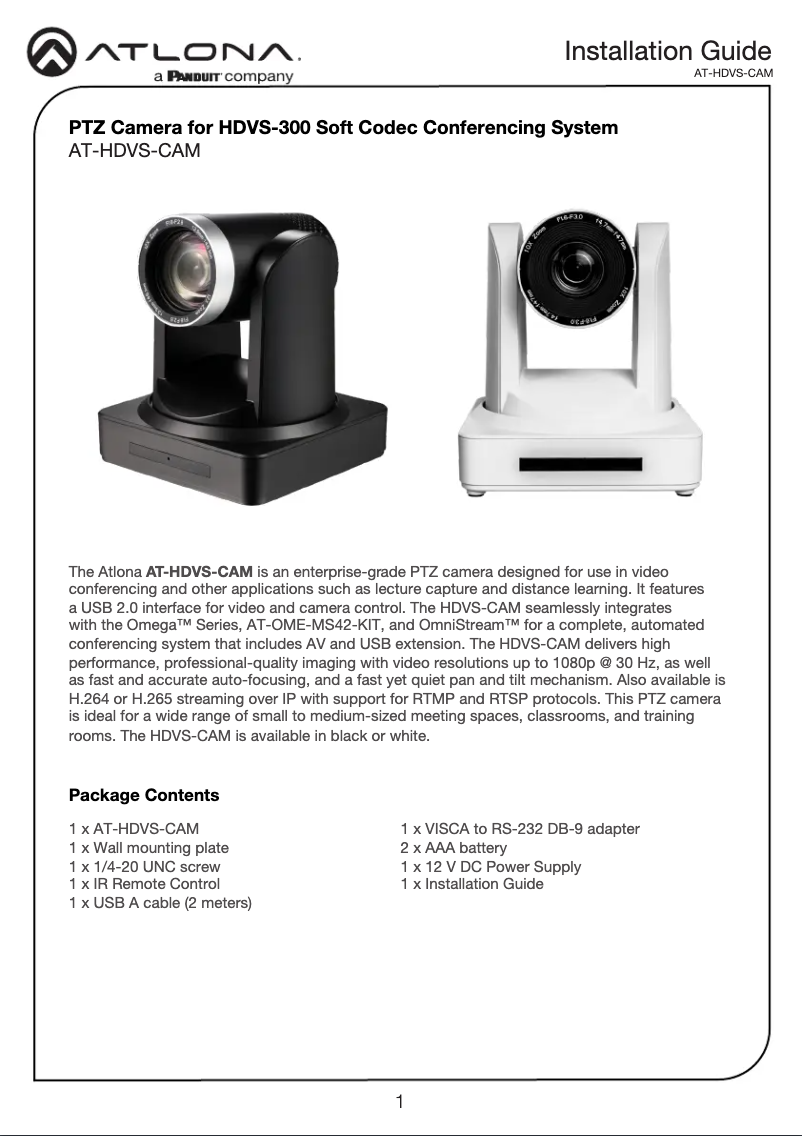 Página 1 del manual Guía de instalación Atlona AT-HDVS-CAM