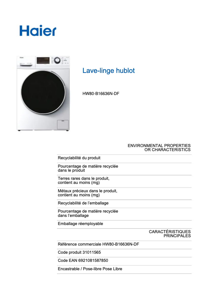 Page 1 de la notice Label énergétique Haier HW80-B16636