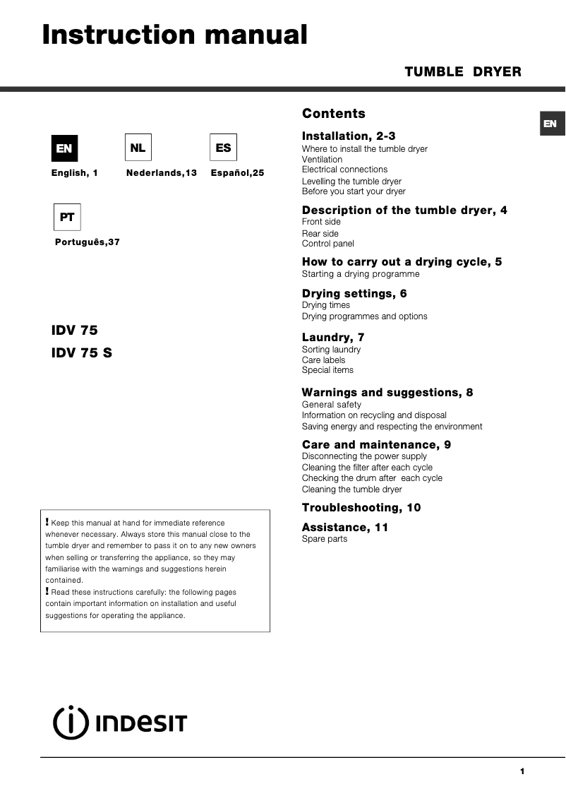 Page 1 de la notice Manuel utilisateur Indesit IDV 75S