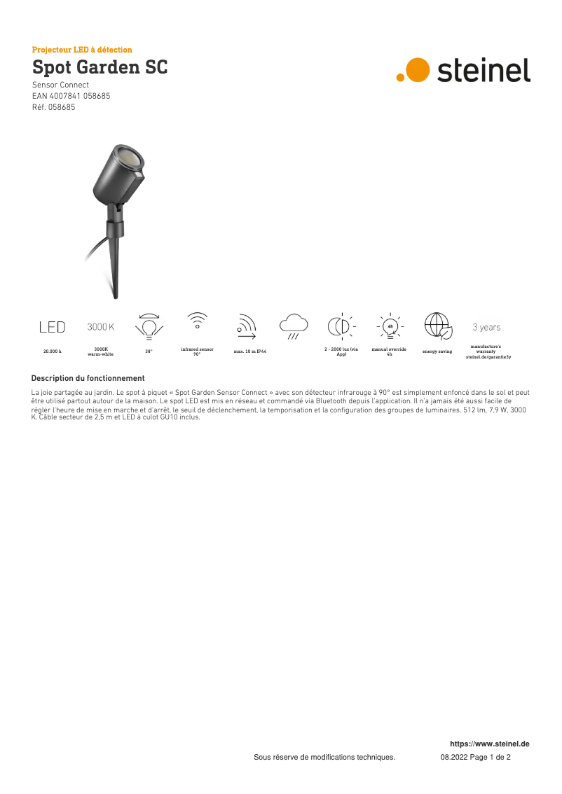 Page 1 de la notice Fiche technique Steinel Spot Garden SC