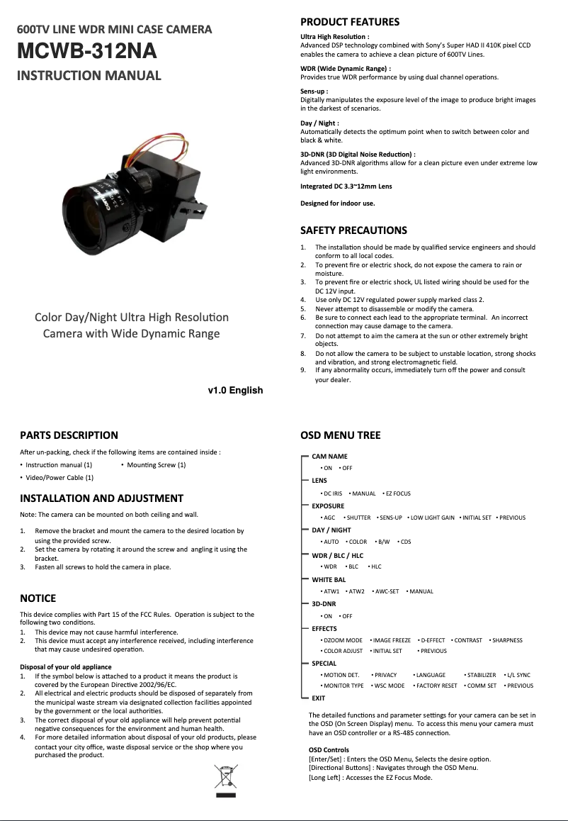 Page 1 de la notice Manuel utilisateur Ganz MCWB-312NA