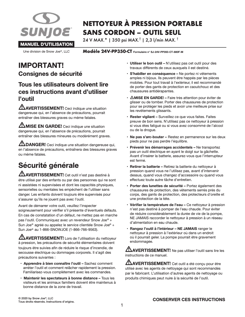Page 1 de la notice Manuel utilisateur Sun Joe 24V-PP350-CT