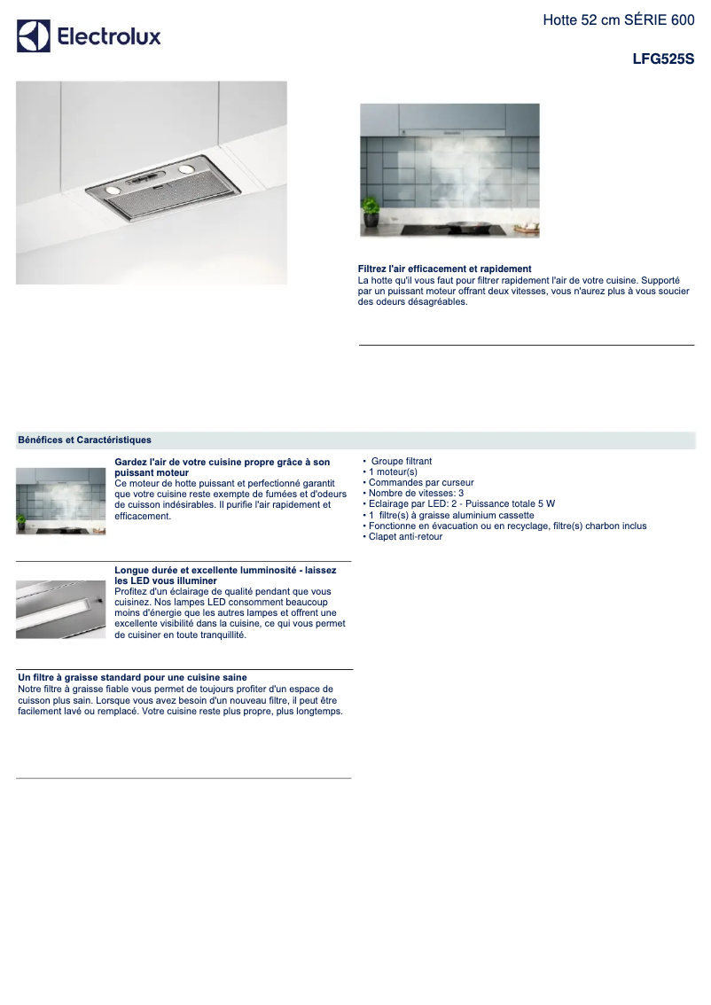 Page 1 de la notice Fiche technique Electrolux LFG525S
