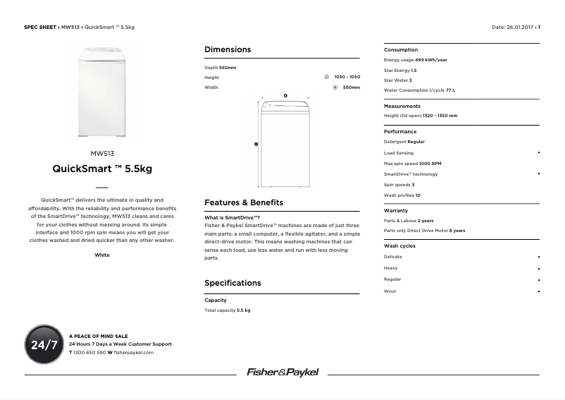 Page 1 de la notice Fiche technique Fisher & Paykel MW513 QuickSmart