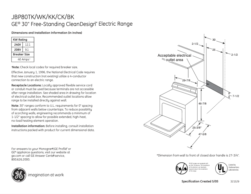 Page n°1 - Fiche technique GE JBP80WKWW