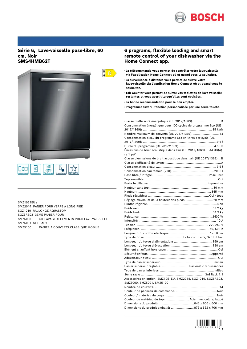 Page 1 de la notice Fiche technique Bosch SMS4HMB62T