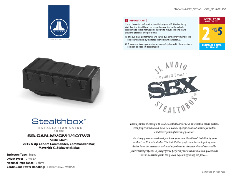 Page 1 de la notice Manuel utilisateur JL Audio Stealthbox SB-CAN-MVCM1/10TW3