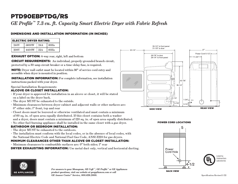 Page 1 de la notice Fiche technique GE Profile PTD90EBPTRS