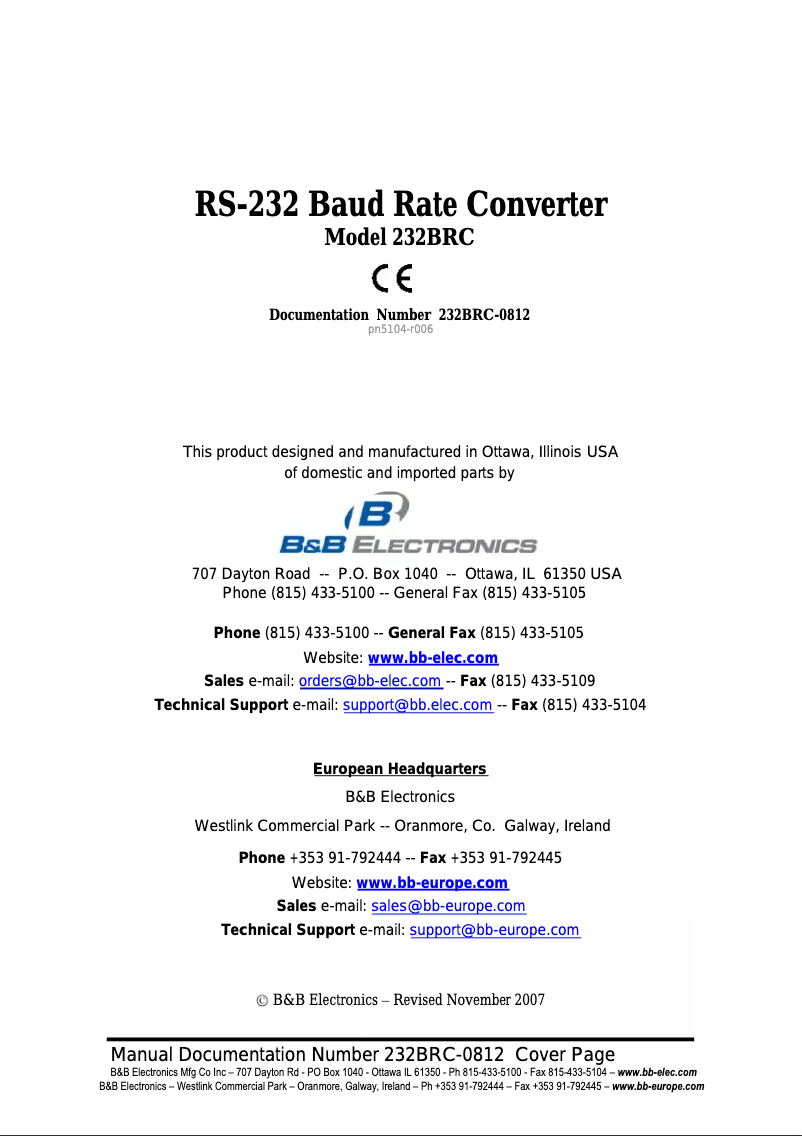 Page 1 de la notice Manuel utilisateur B&B Electronics 232BRC