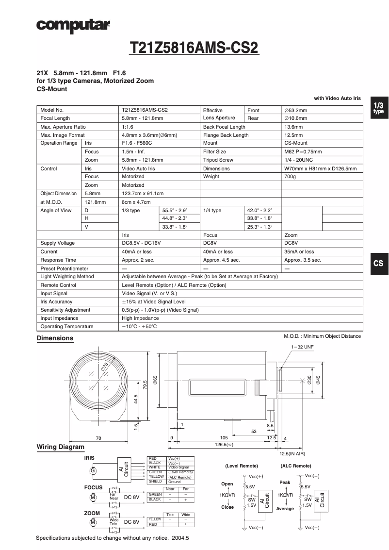 Page n°1 - Manuel utilisateur Computar T21Z5816AMS