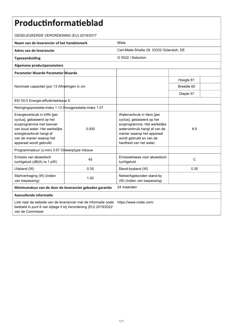 Page 1 de la notice Fiche technique Miele G 5022 i Selection