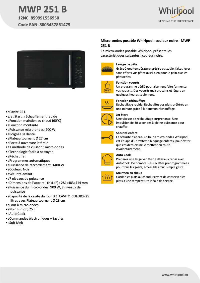 Page n°1 - Fiche technique Whirlpool MWP 251