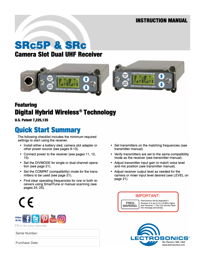 Page n°1 - Manuel utilisateur Lectrosonics SRc5P
