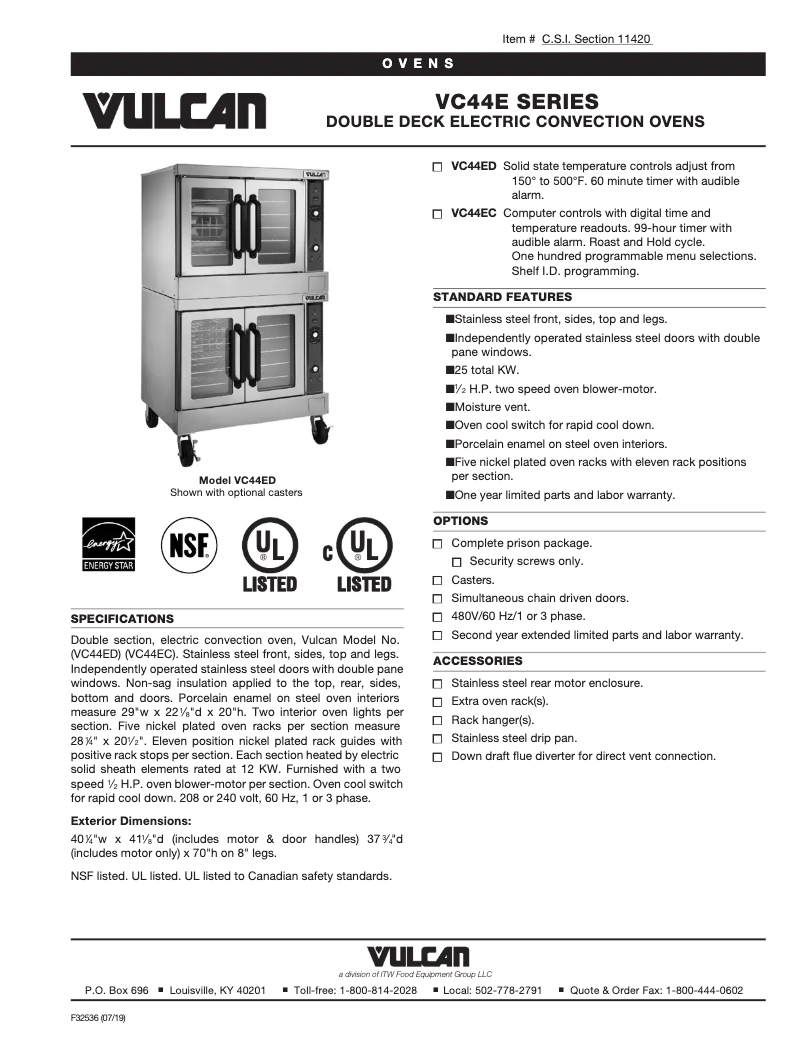 Page 1 de la notice Fiche technique Vulcan VC44EC