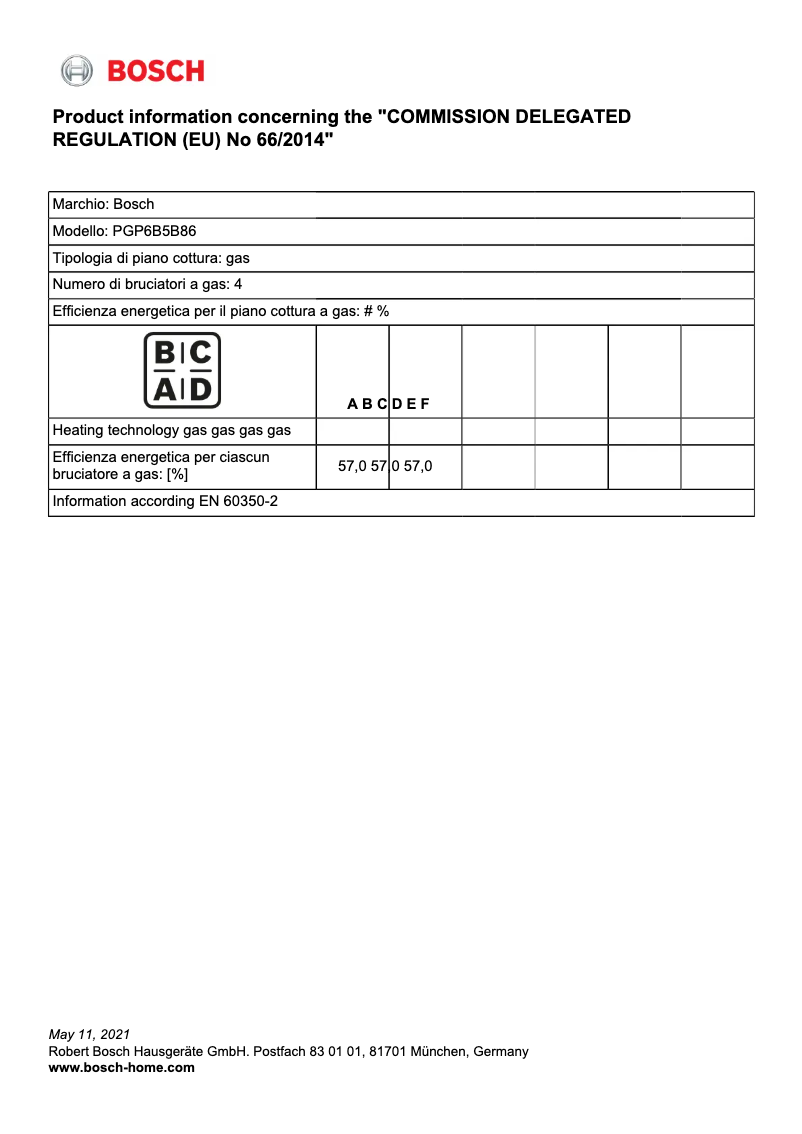 Page 1 de la notice Fiche technique Bosch PGP6B5B86