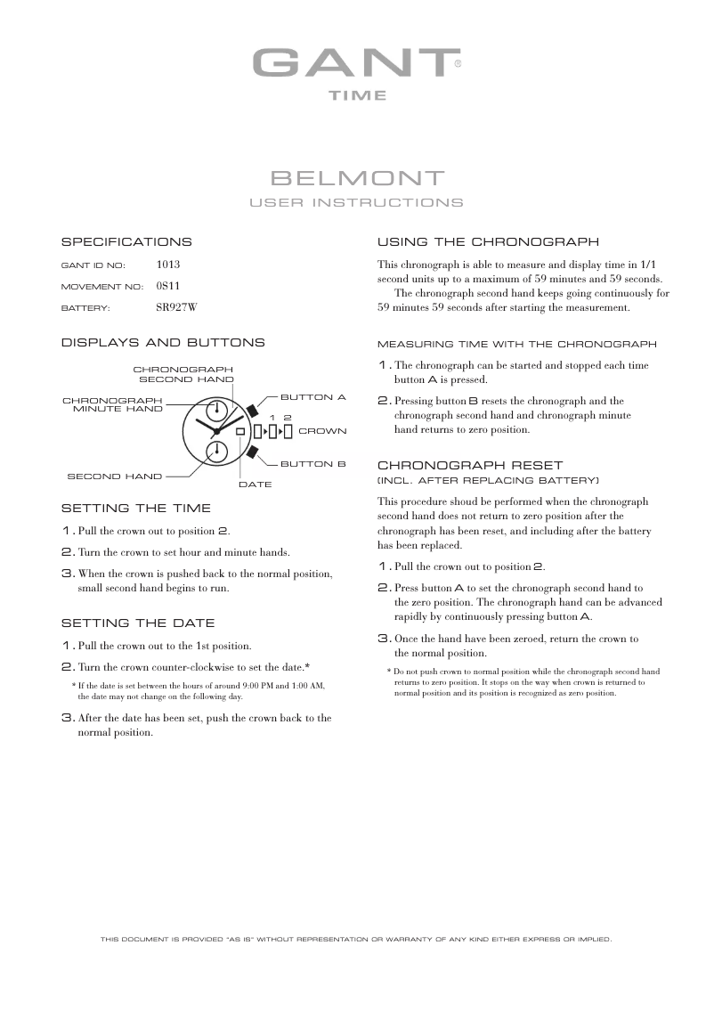Page n°1 - Manuel utilisateur Gant Belmont 1013
