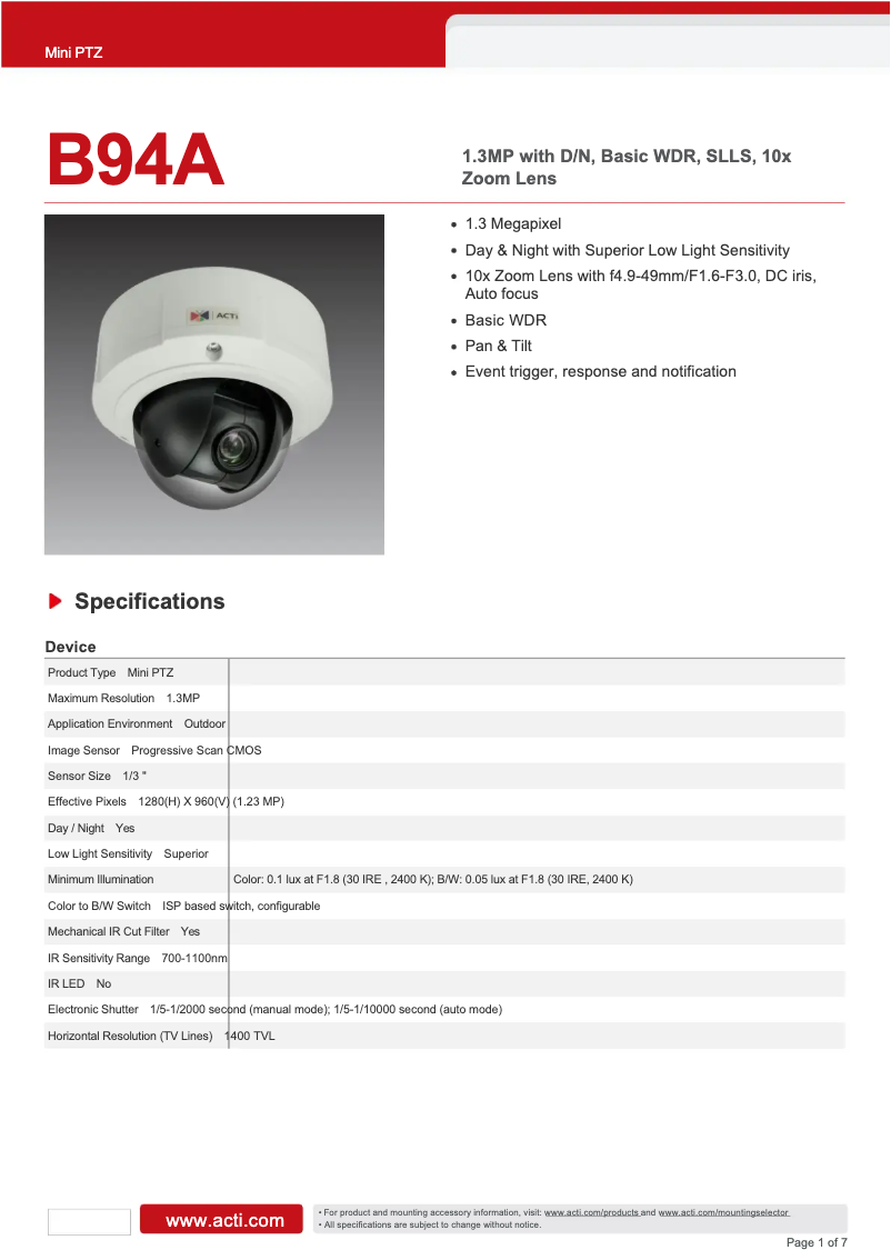 Page 1 de la notice Fiche technique ACTi B94A