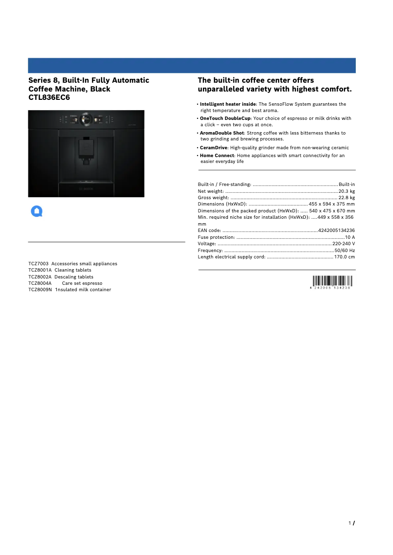 Page n°1 - Fiche technique Bosch AccentLine CTL836EC6