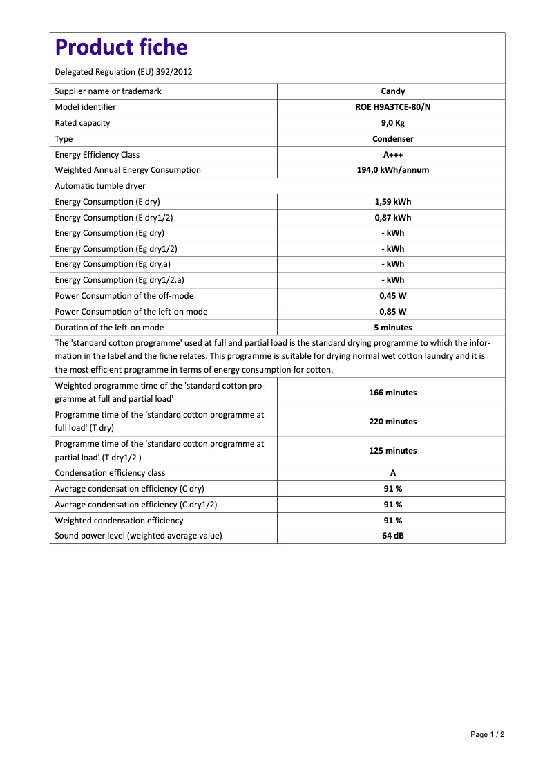 Page n°1 - Fiche technique Candy ROE H9A3TCE-80/N