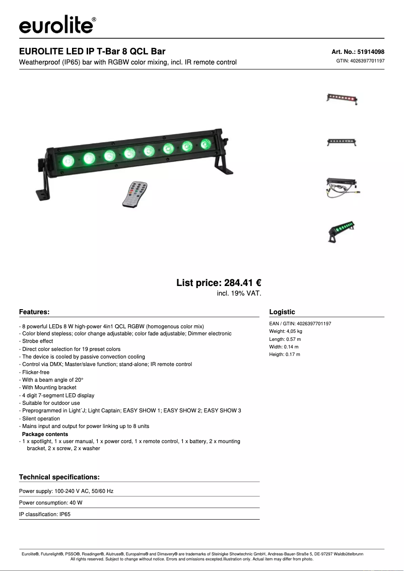 Page n°1 - Fiche technique Eurolite LED IP T-Bar 8