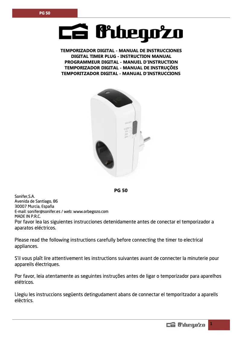 Page 1 de la notice Manuel utilisateur Orbegozo PG 50