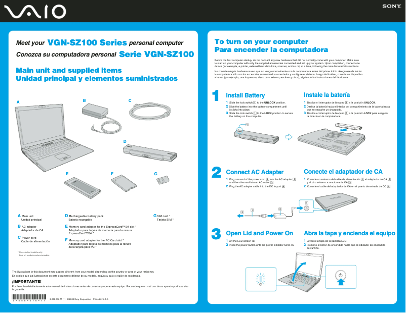 Page n°1 - Guide d'installation Sony Vaio VGN-SZ160P