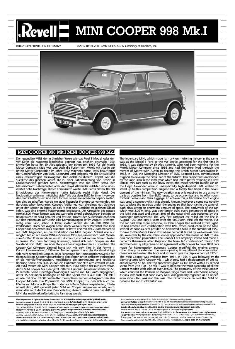 Page 1 de la notice Manuel utilisateur Revell MINI COOPER 998 Mk.I