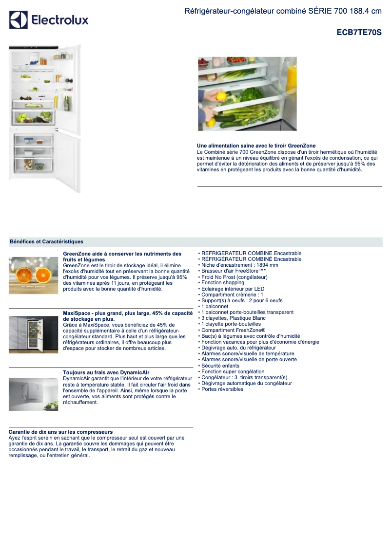Page 1 de la notice Fiche technique Electrolux ECB7TE70S